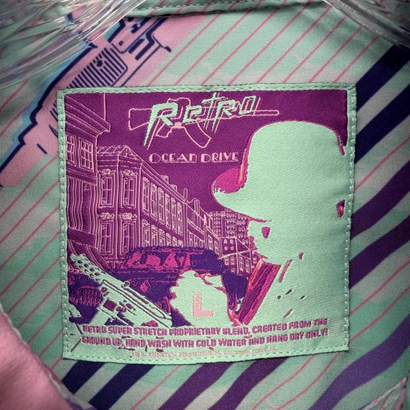 Retro Rifle Ocean Drive Shirt Mens Large Green Miami Graphic Party Button Up - Picture 2 of 6